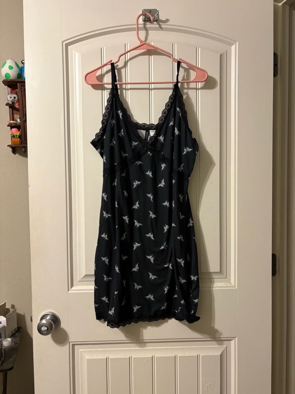 H&M Black Lace-Trim Mini Slip Dress with White Motif